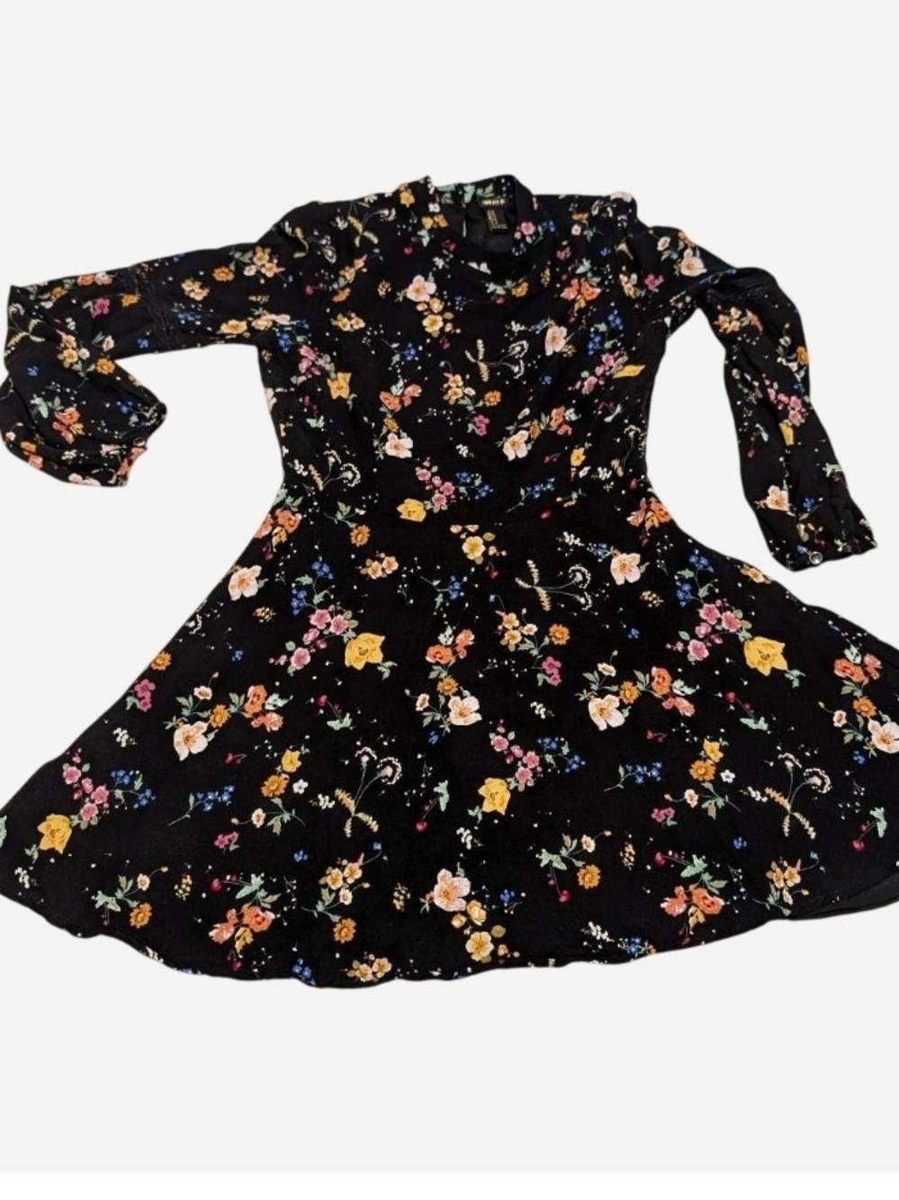 Pre-owned Forever 21 Black Floral Long-Sleeve Fit-and-Flare Dress